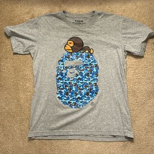 Bape Aape Gray Tee with Blue Camo Ape Head Graphic